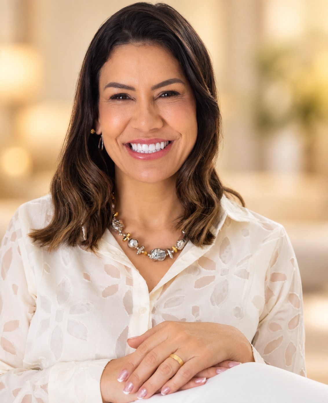 Amanda Hansen sorrindo, de camisa clara