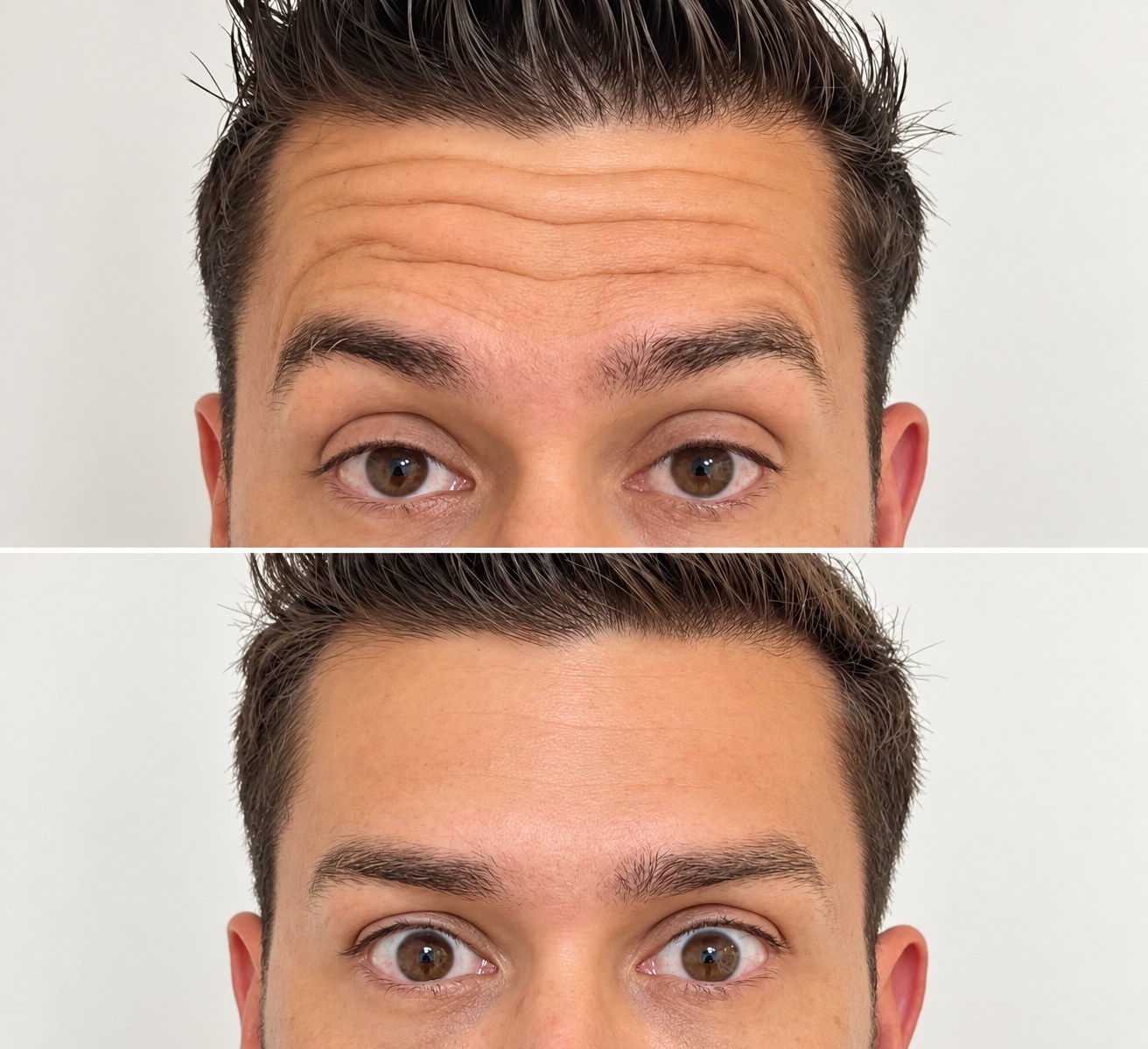 Testa de paciente antes e depois, com as linhas suavizadas